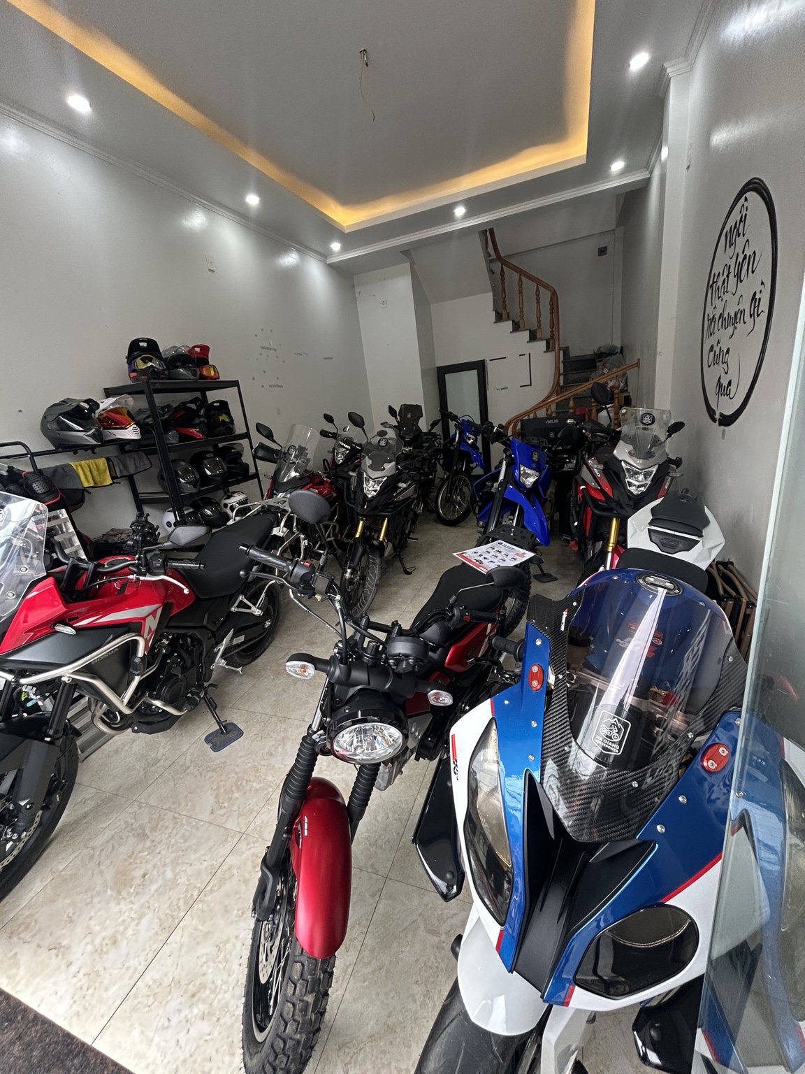 Motorcycles lined up at a shop in Vietnam