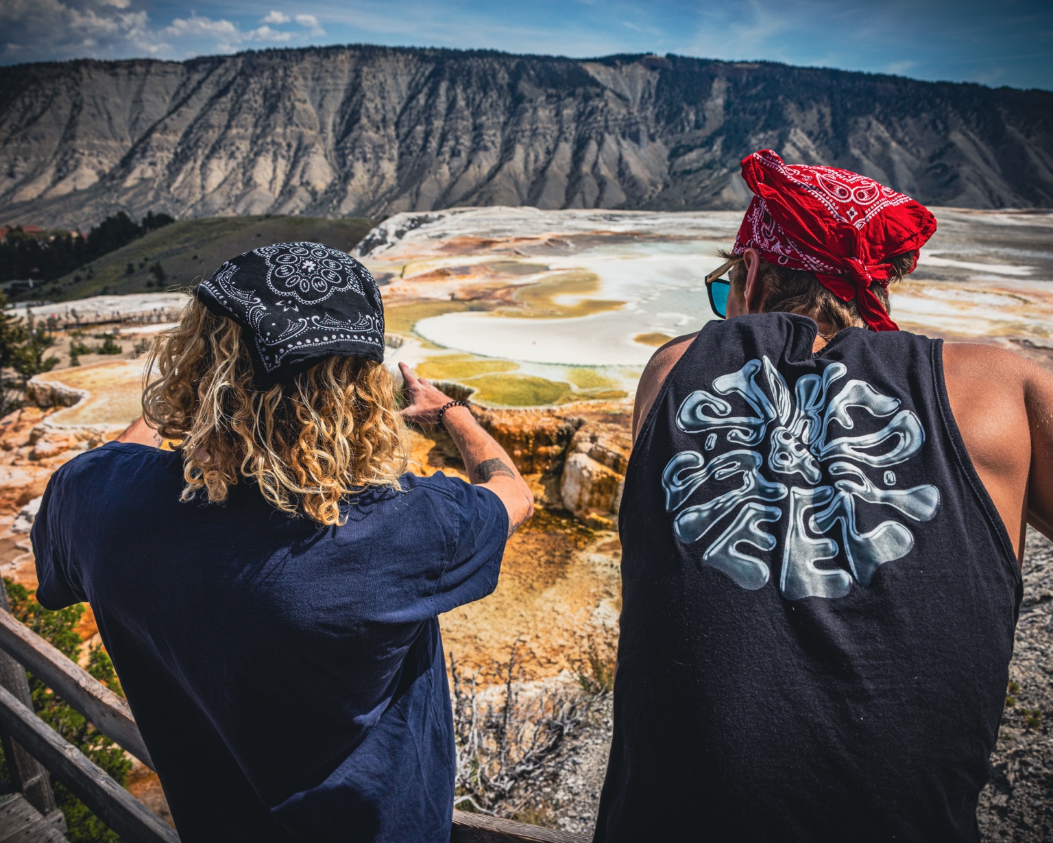 Two RoadTrippers taking in the view at Mammoth Hot Springs